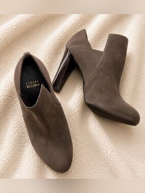 Stuart Weitzman Taupe Suede Leather Block Heel Ankle Booties NWOB US 7.5